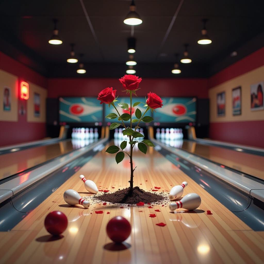 Surreal Bowling Alley with Rosebush, Photorealistic Style