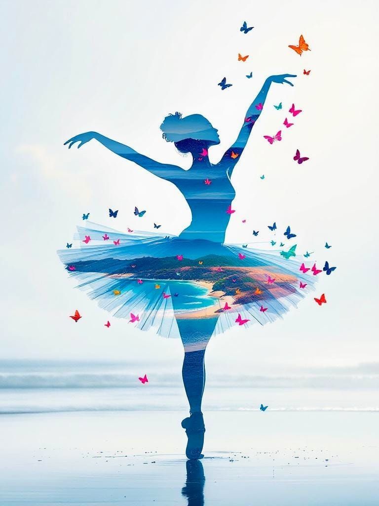 Ballerina Double Exposure with Beach and Butterflies