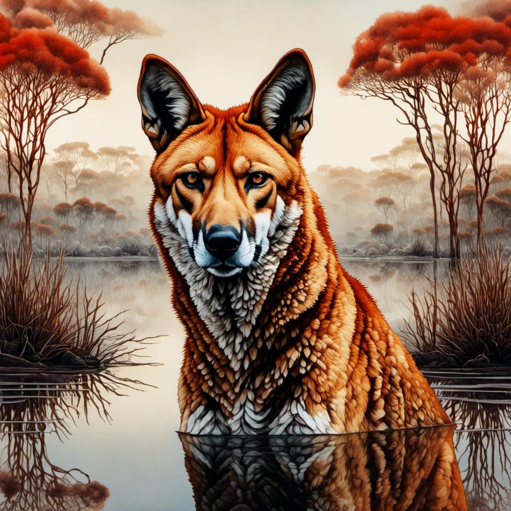 Dingo Double Exposure in Outback, Watercolor Style
