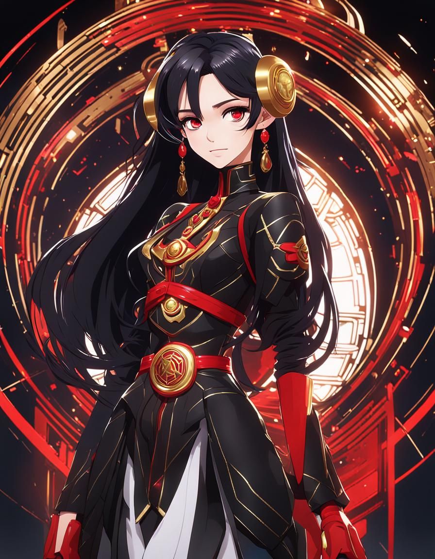 Elegant Animated Character with Mech-Dragon in Opulent Setti...