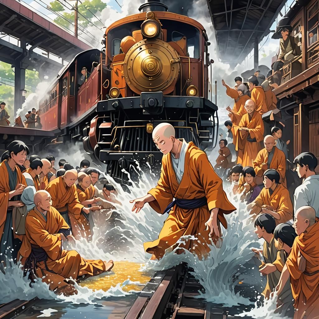 Monk and Laughing Riders on Indian Steam Train