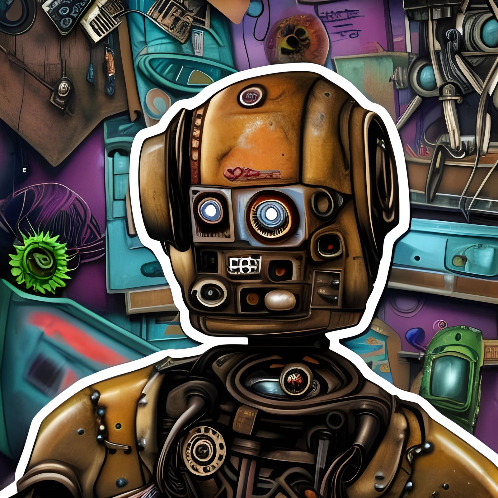 Solarpunk Robot Portrait in Cluttered Workshop