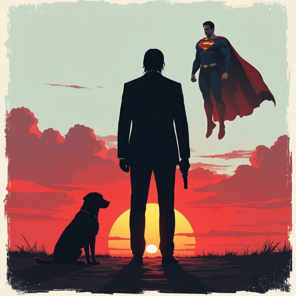 Dramatic Showdown Against a Blood-Red Sky in Gritty Realism