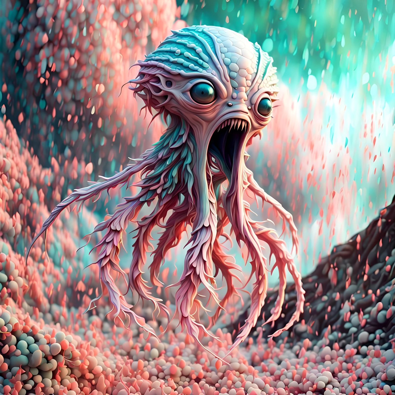 Pastel Fourth-Dimensional Creature Flying Over Alien World