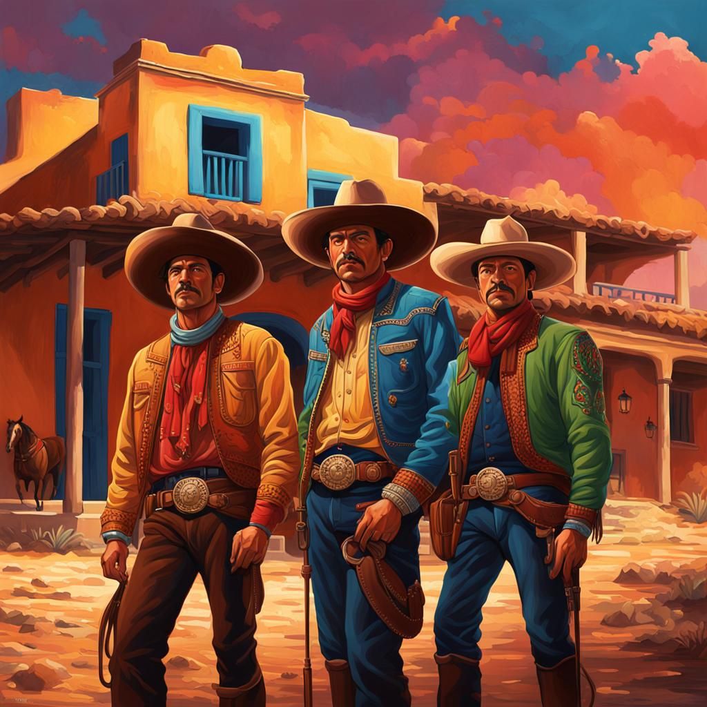 Mexican Cowboys at Hacienda in Naive Style