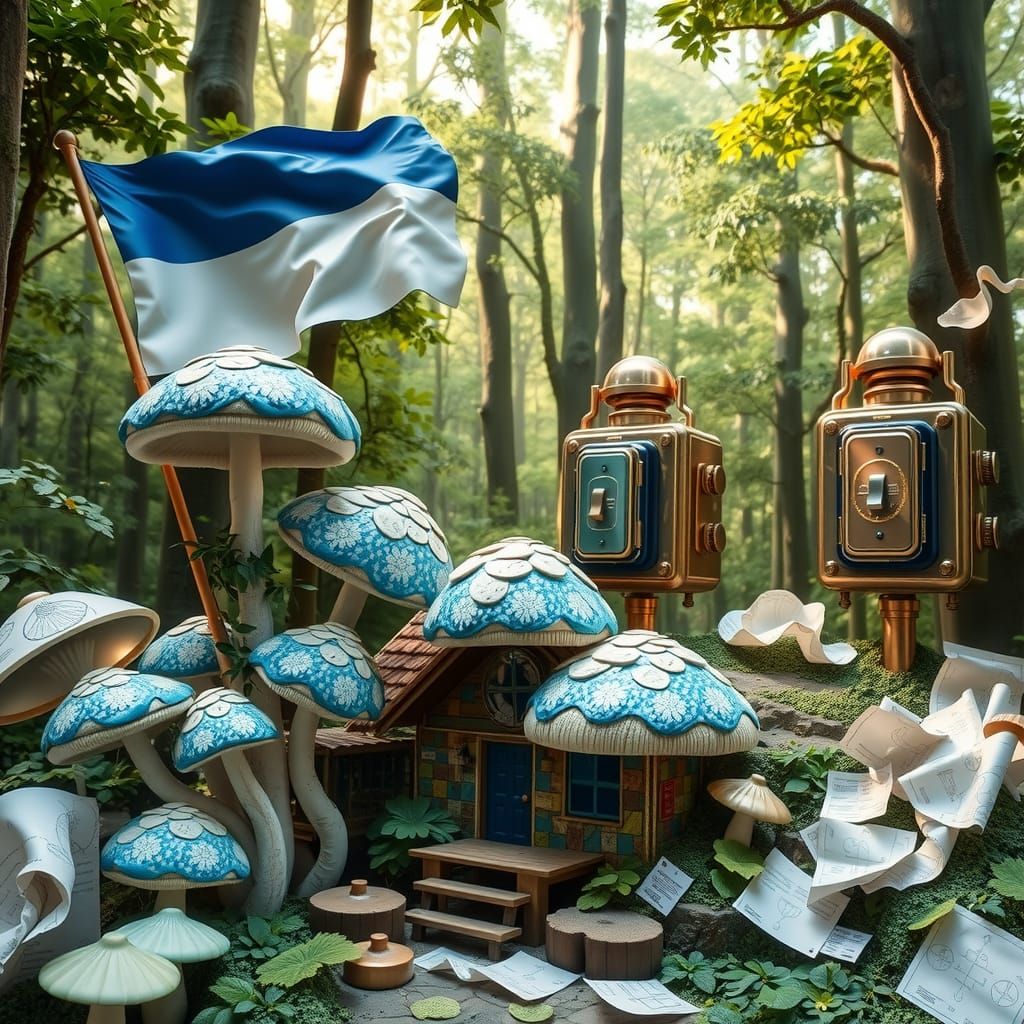 Surreal Forest Scene with Whimsical Mushroom Flag