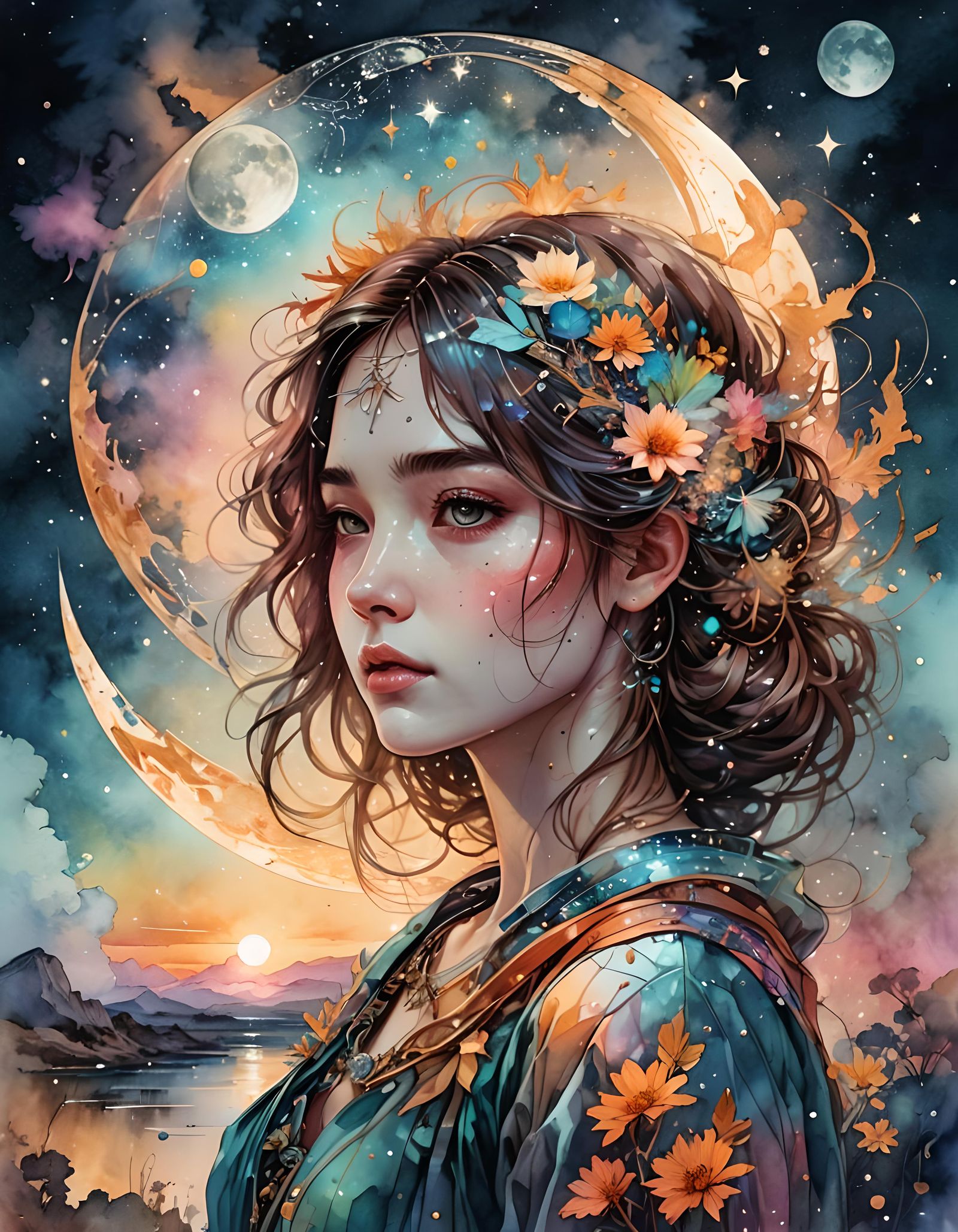 Cosmic Moon and Constellations in Watercolor Style