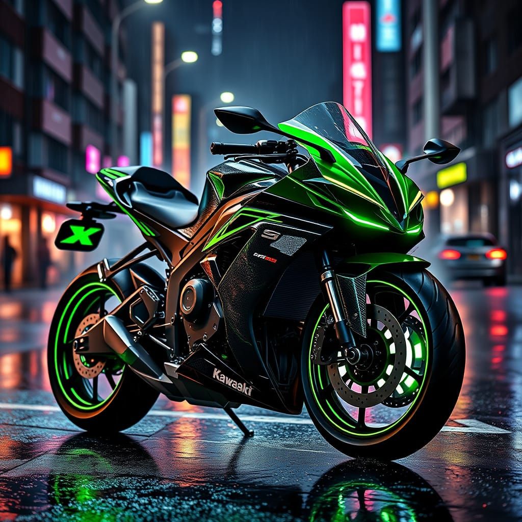 Futuristic 2085 Kawasaki Ninja Superbike in Cyberpunk City