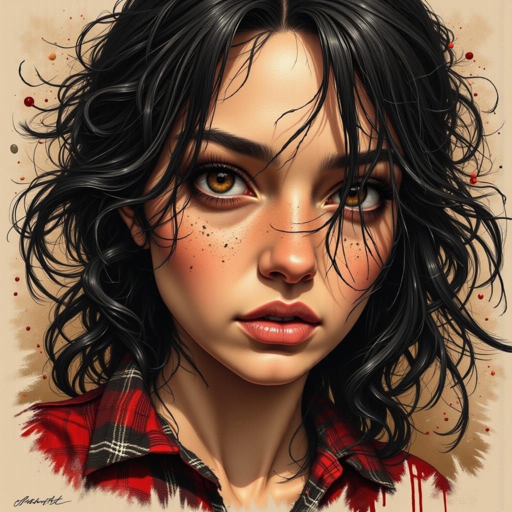 Introspective Woman in Warm Ink Drawing