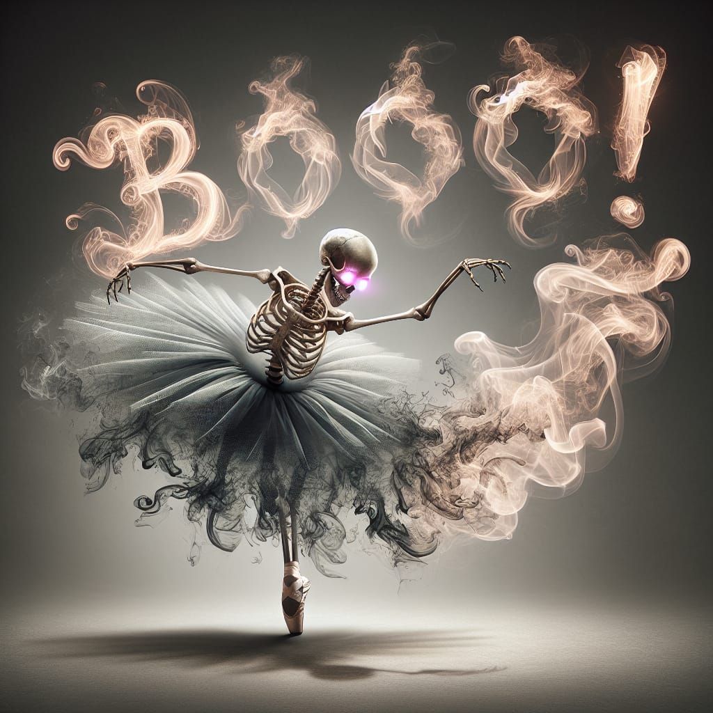 Skeleton Ballerina Dances Elegantly Amidst Smoky Calligraphy