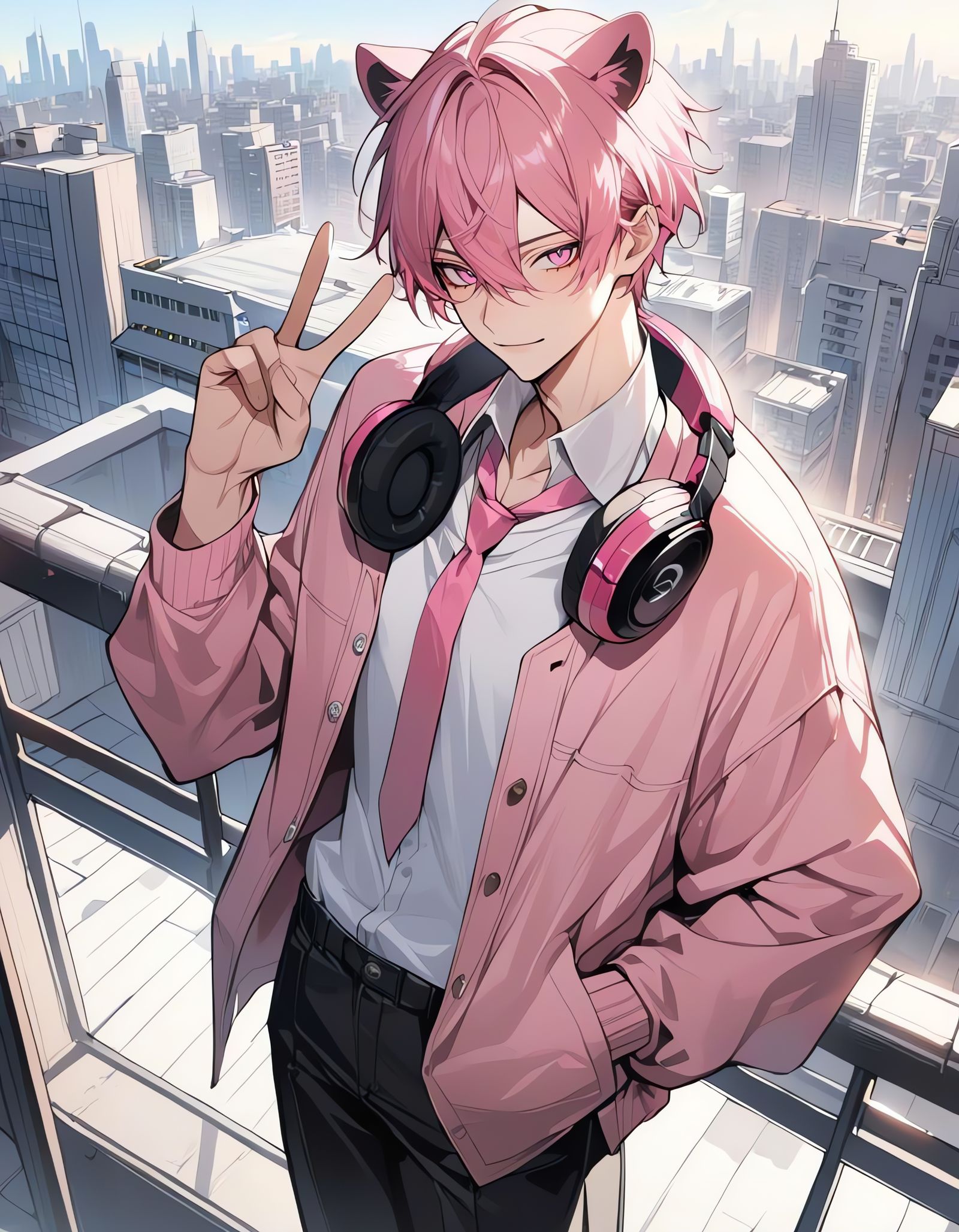 Pink-Haired Bishounen on Rooftop in Anime Style