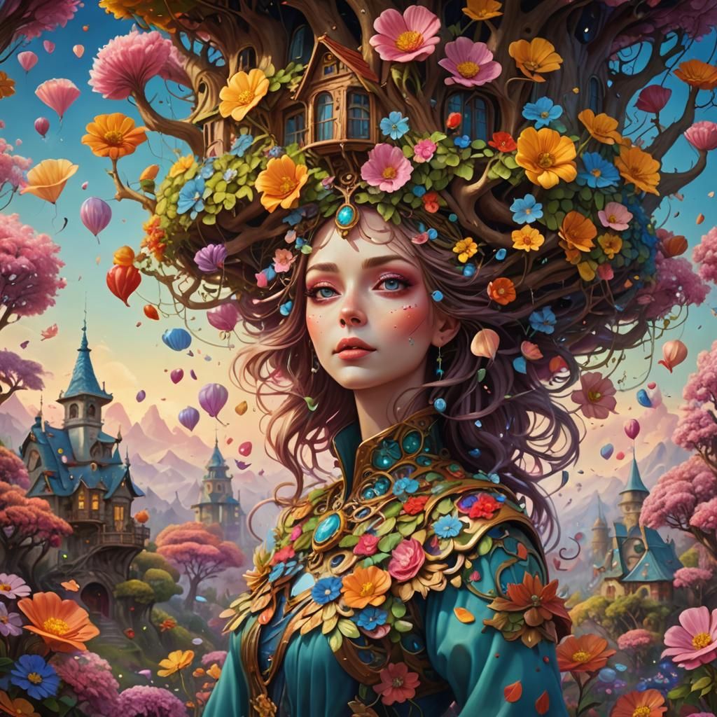 Laughing Woman at Whimsical Treehouse on Alien Planet