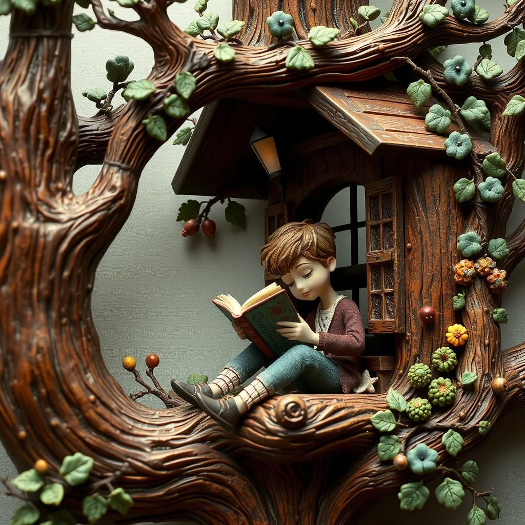 Boy Reading in Treehouse: Folk Art Masterpiece