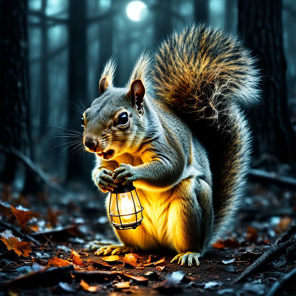 Crying squirrel surrealism post-apocalyptic flickering light