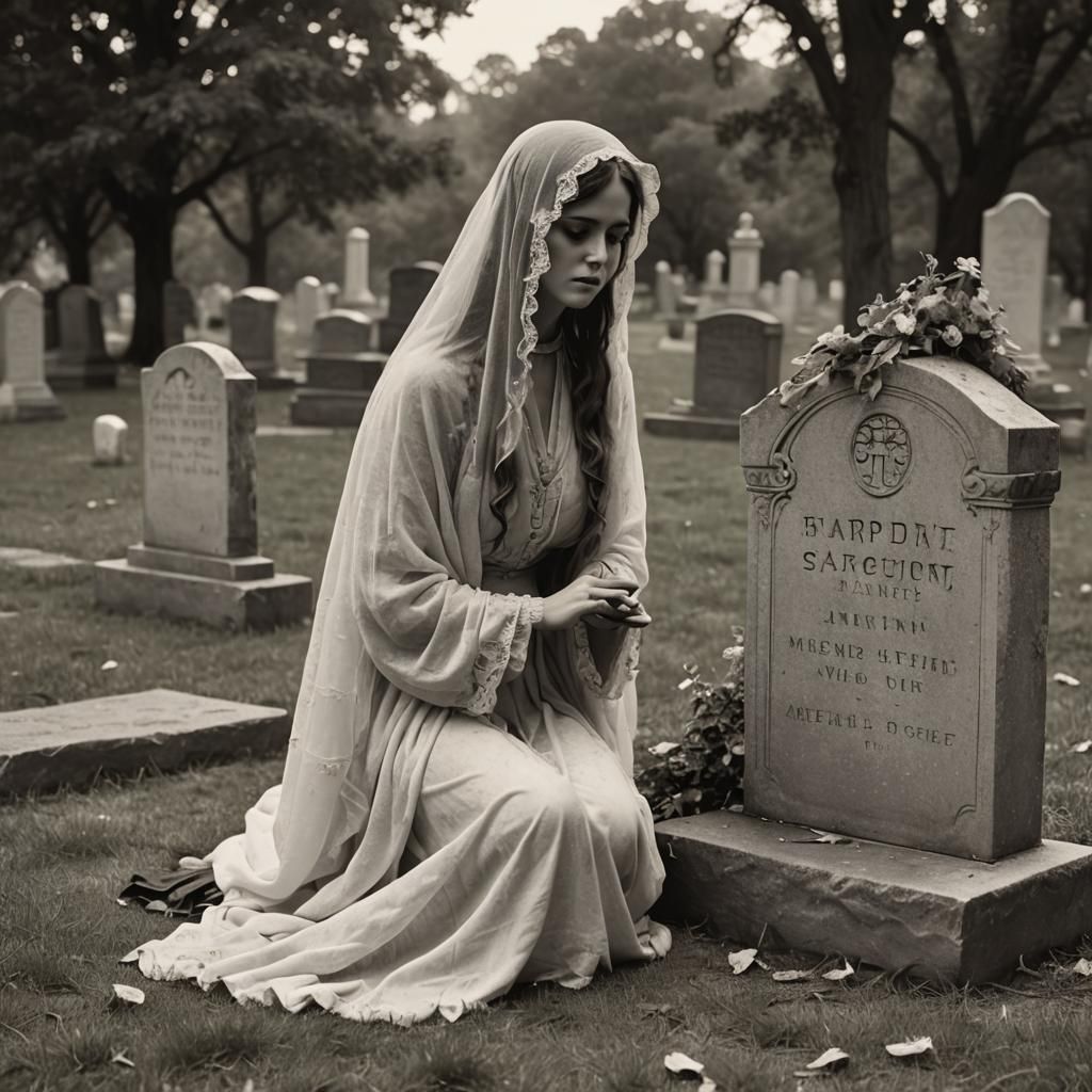 Ethereal Ghost Reading Tombstone in Portrait Style