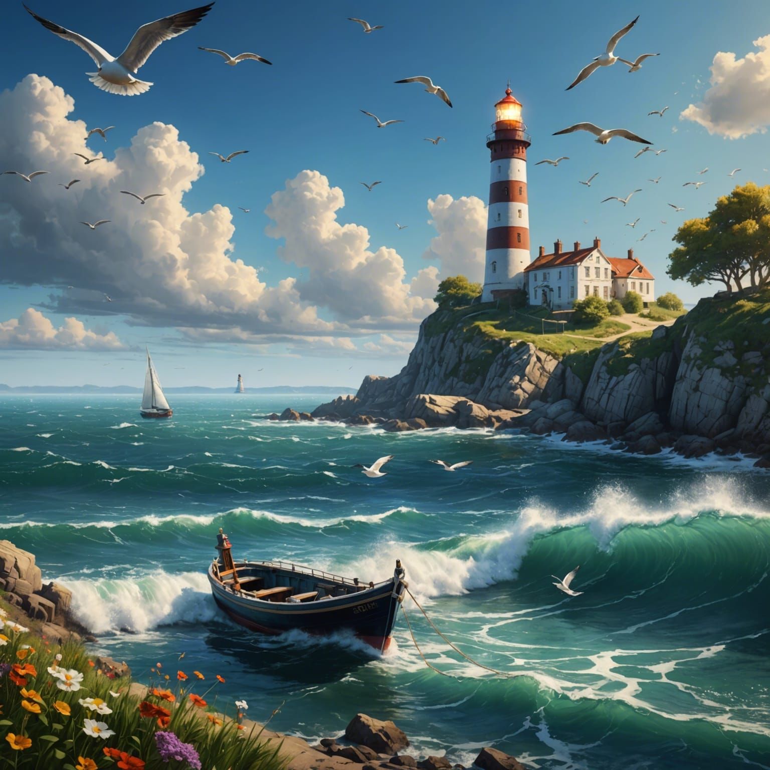 Majestic Lighthouse Painting in Summer Atmosphere