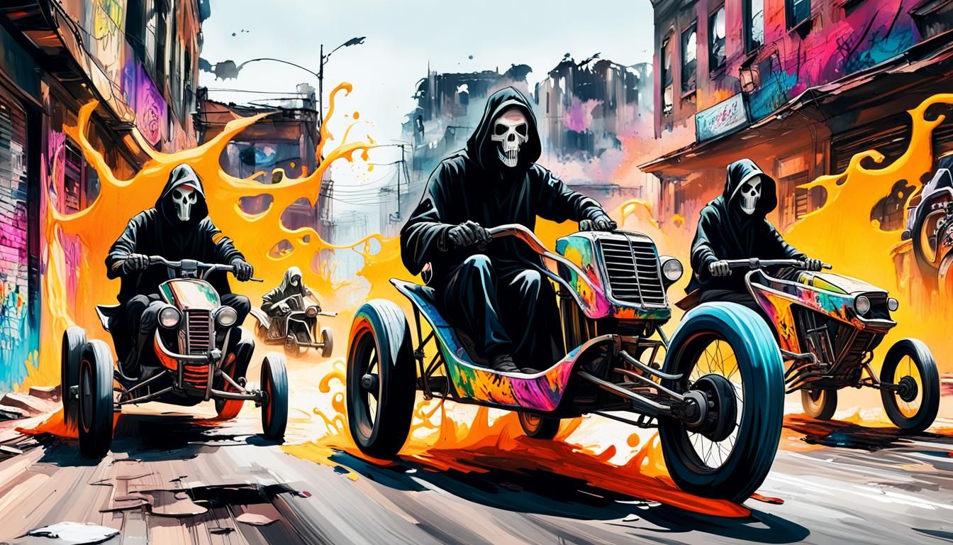 Post-Apocalyptic Grim Reapers Race Through Ruined City