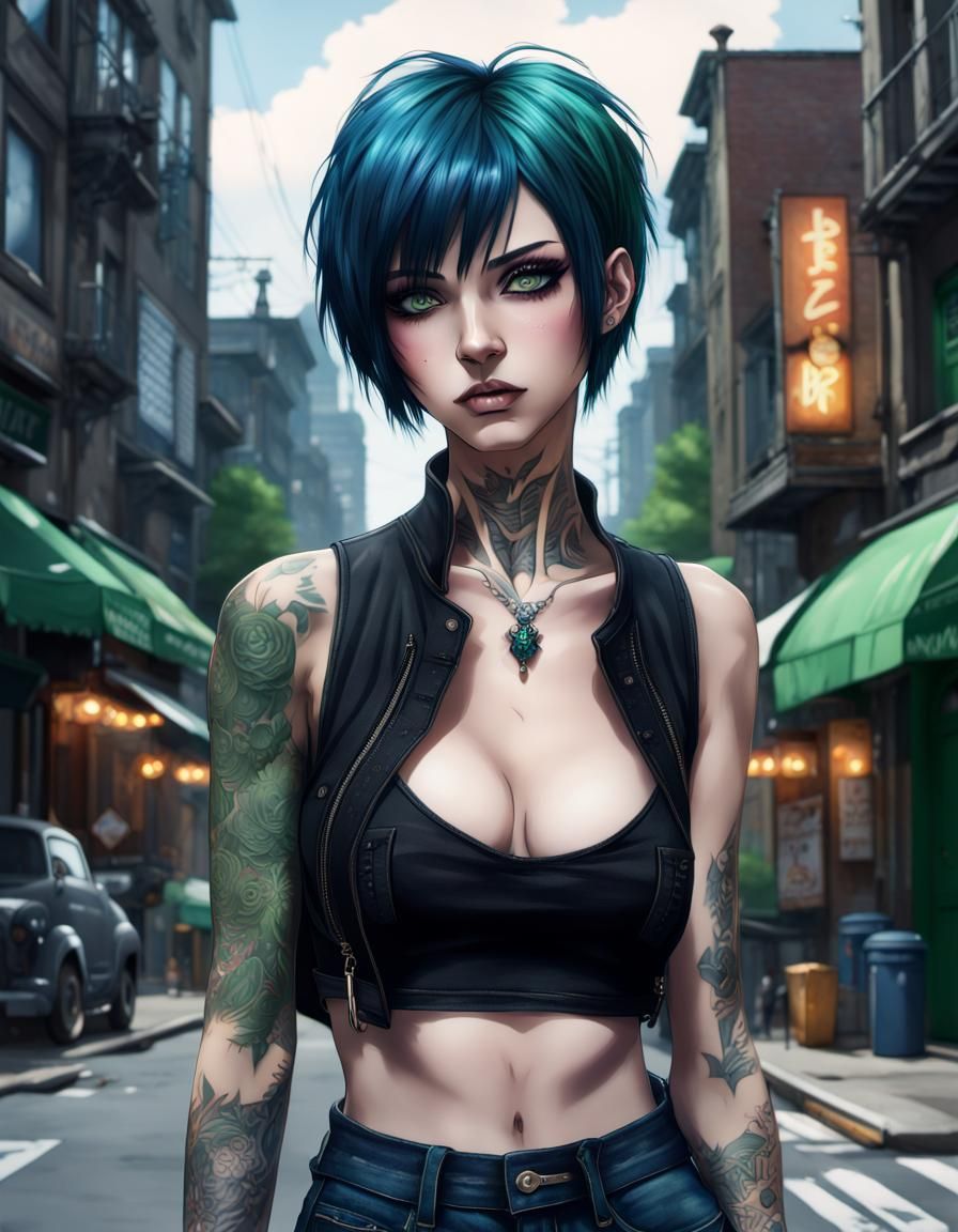 Goth Woman with Blue Hair in Anime Style