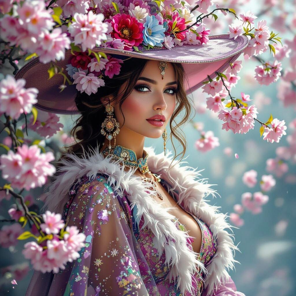 Woman in Opulent Attire Under Cherry Blossoms
