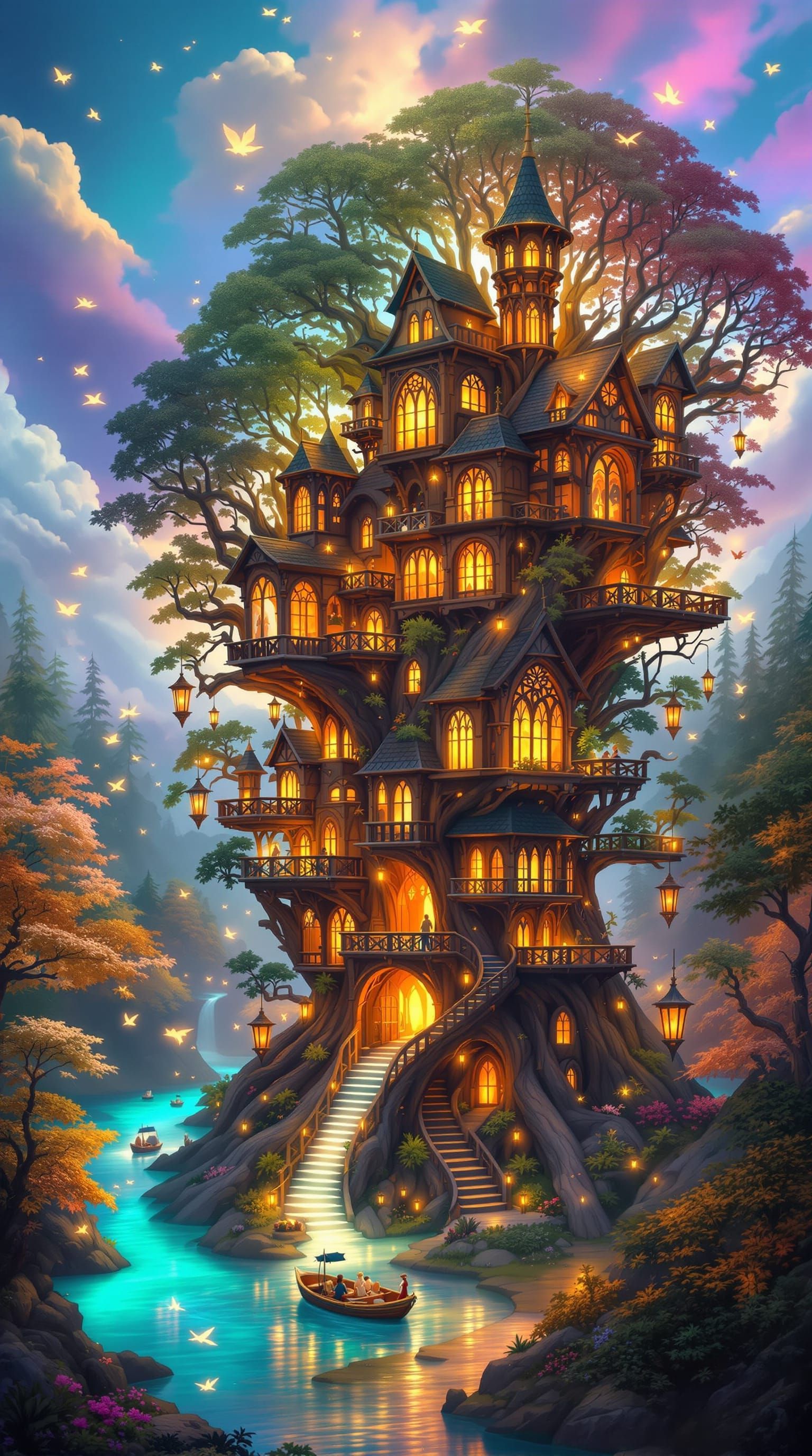 Whimsical houses fused with the tree