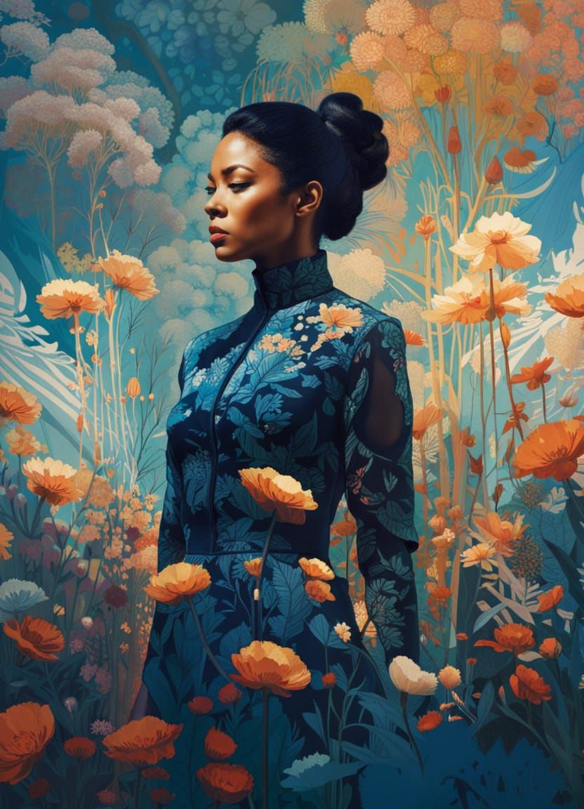 Woman and Flowers Double Exposure, Hyperdetailed Art