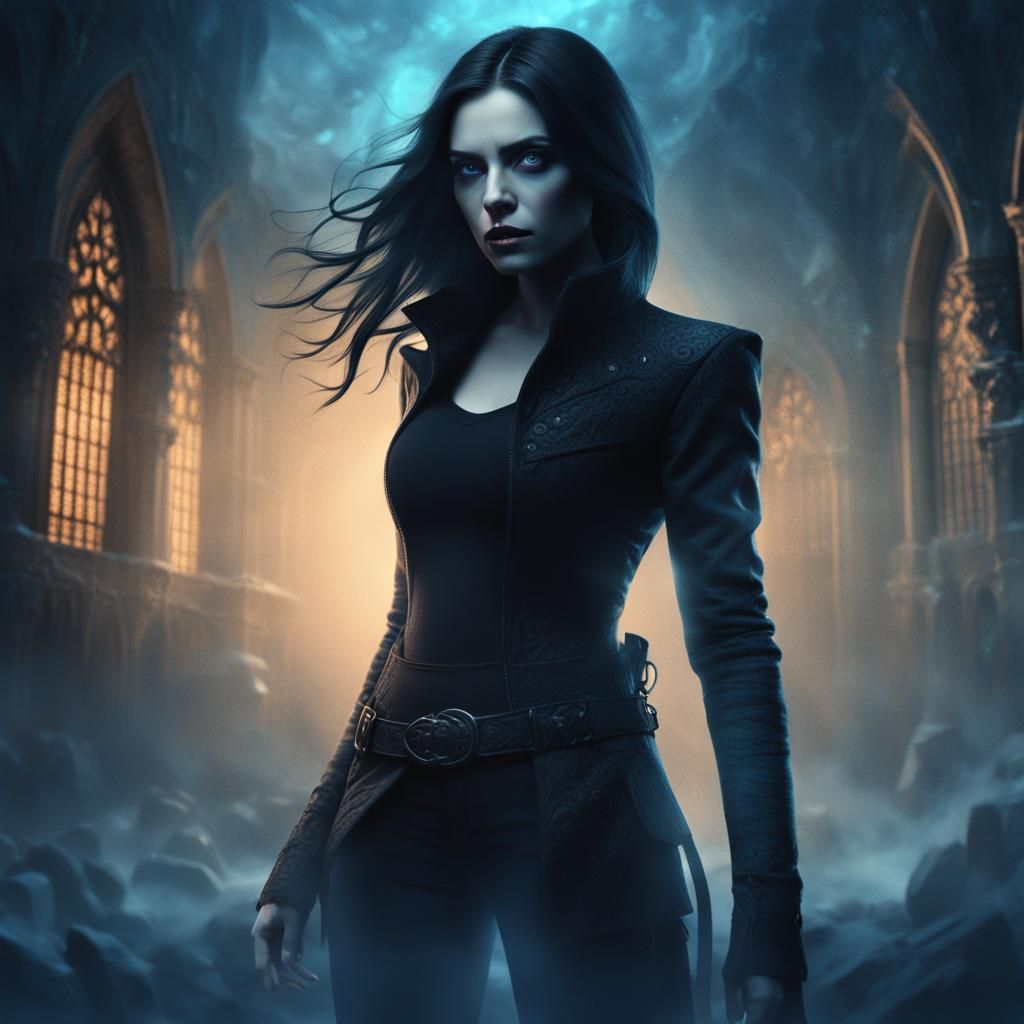 Vampire in Shadows with Glowing Eyes