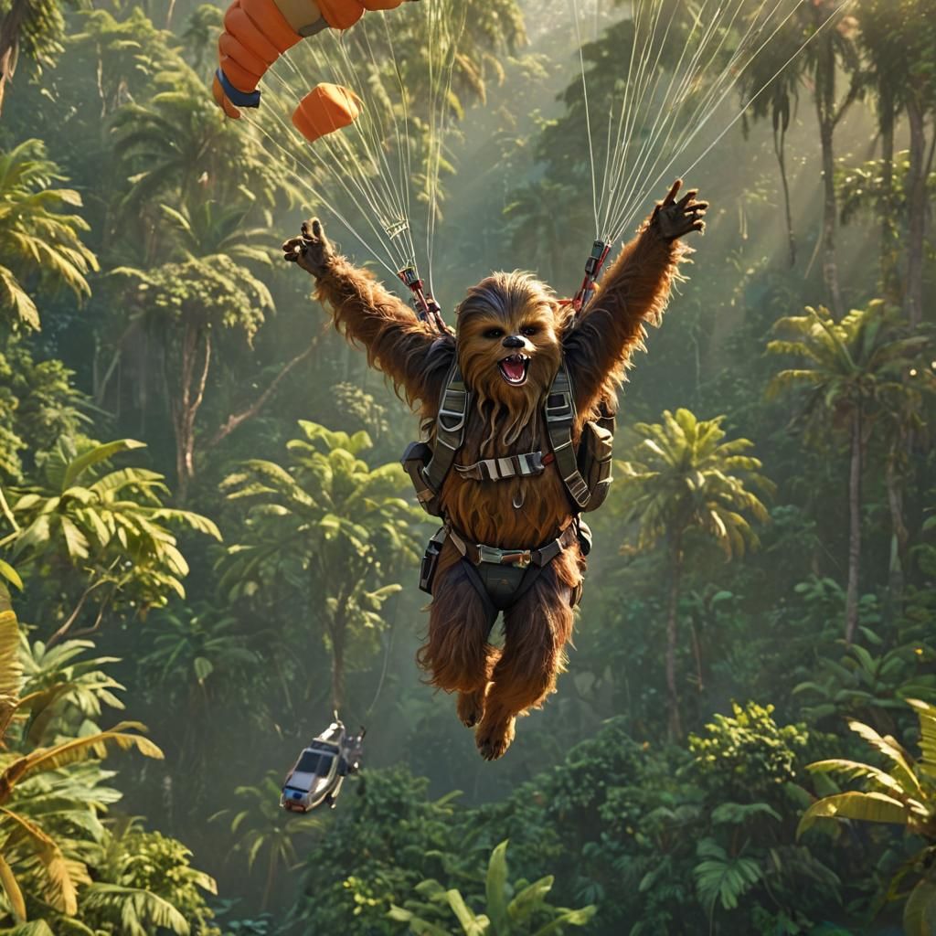 Chewbacca Skydiving with a Parachute