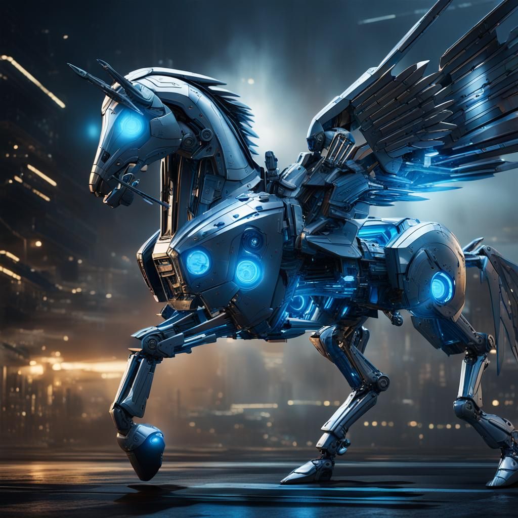 Metallic Robot Pegasus Concept Art in Industrial Style