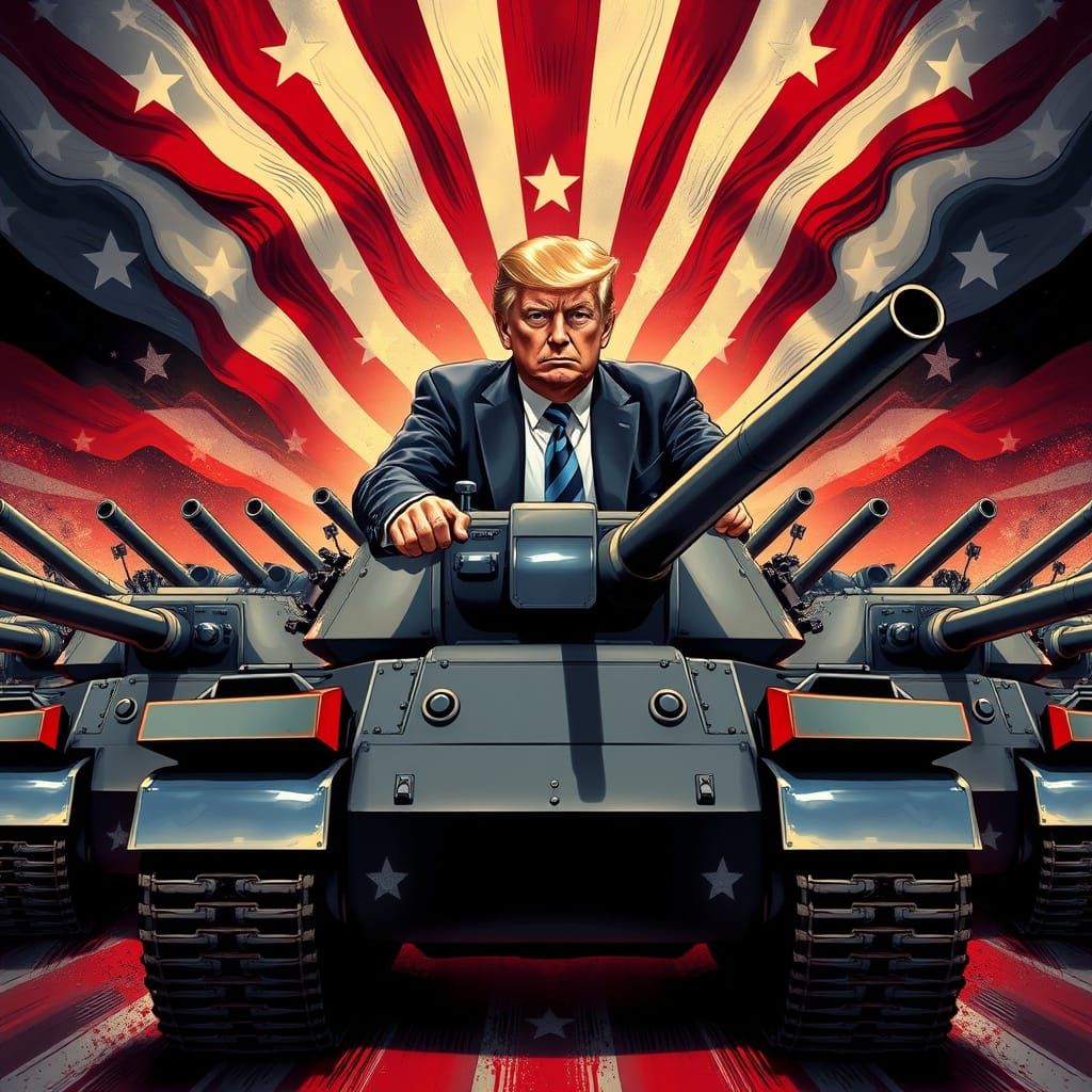 Trump Rides in V-Shaped Tank Formation with Patriotic Backdr...