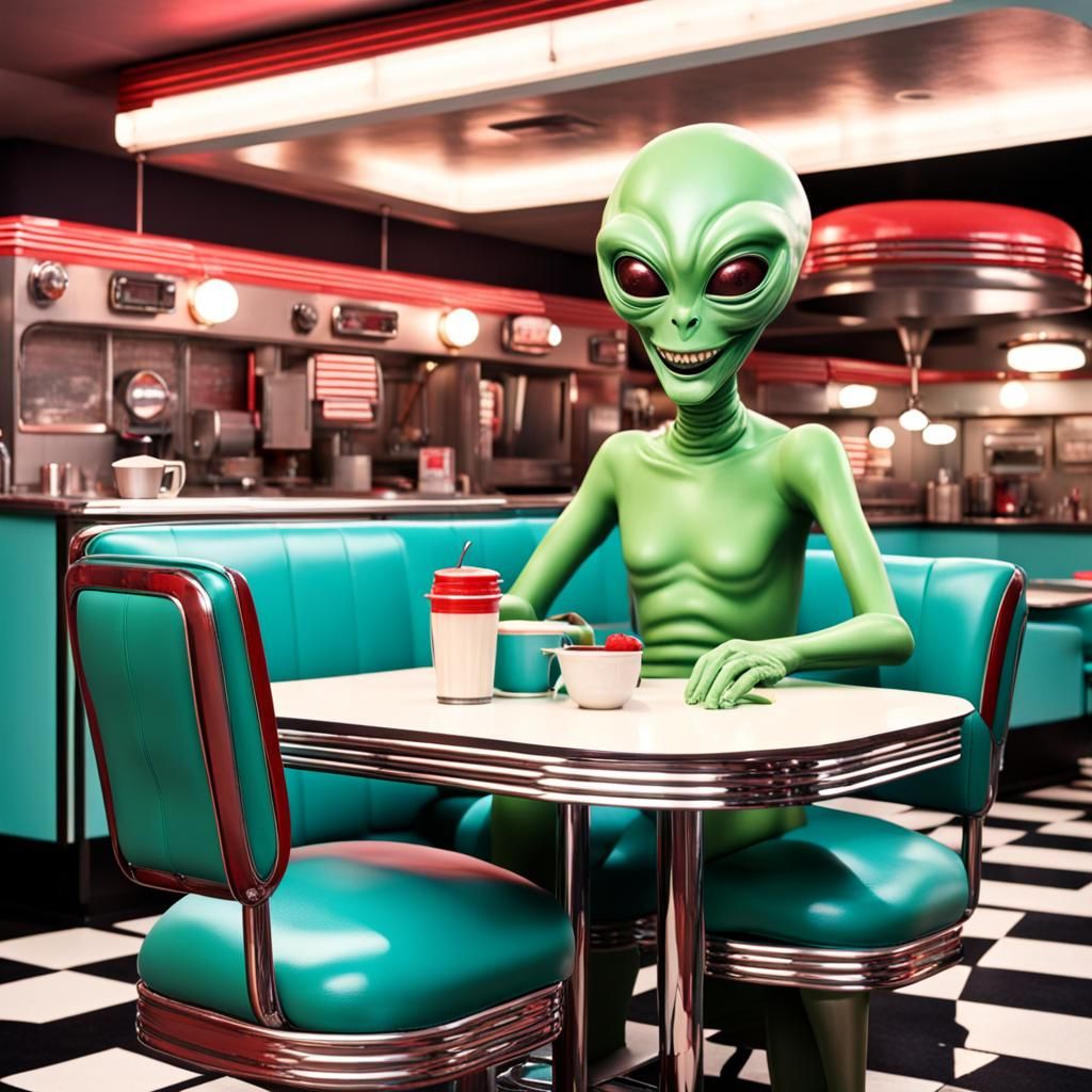 Retro Diner Scene with Smiling Alien