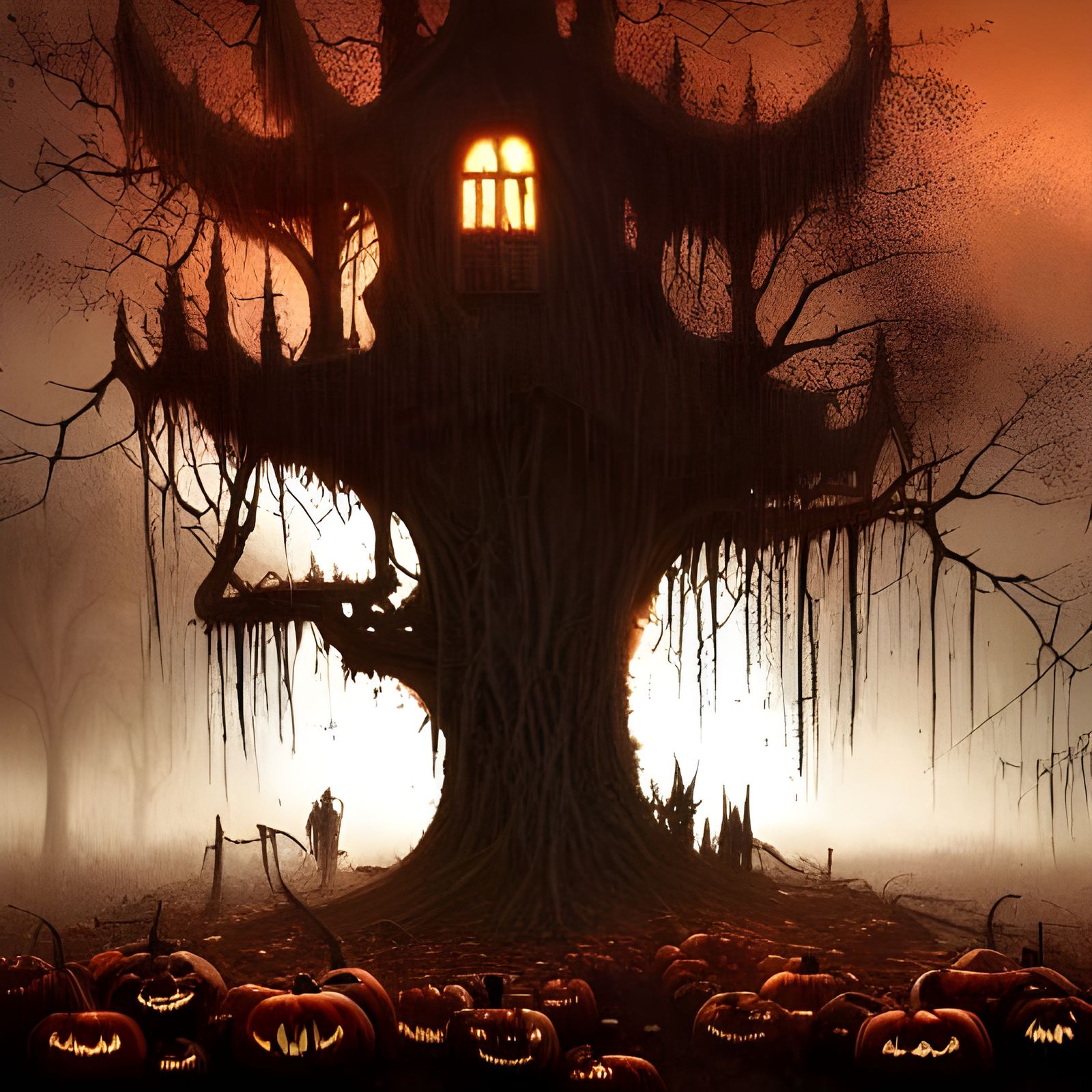 Spooky Halloween Treehouse in Swamp: Hyperdetailed Digital A...