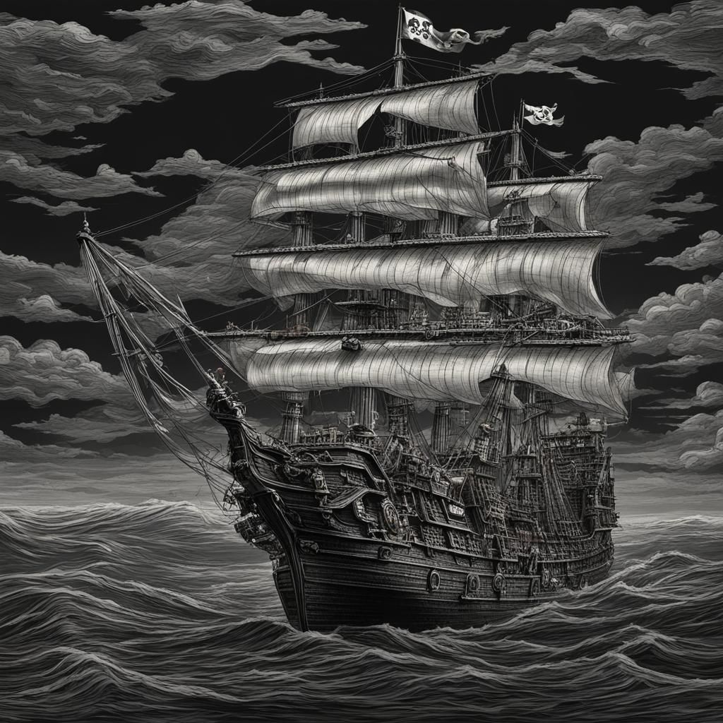 Detailed Pirate Ship on Black Background