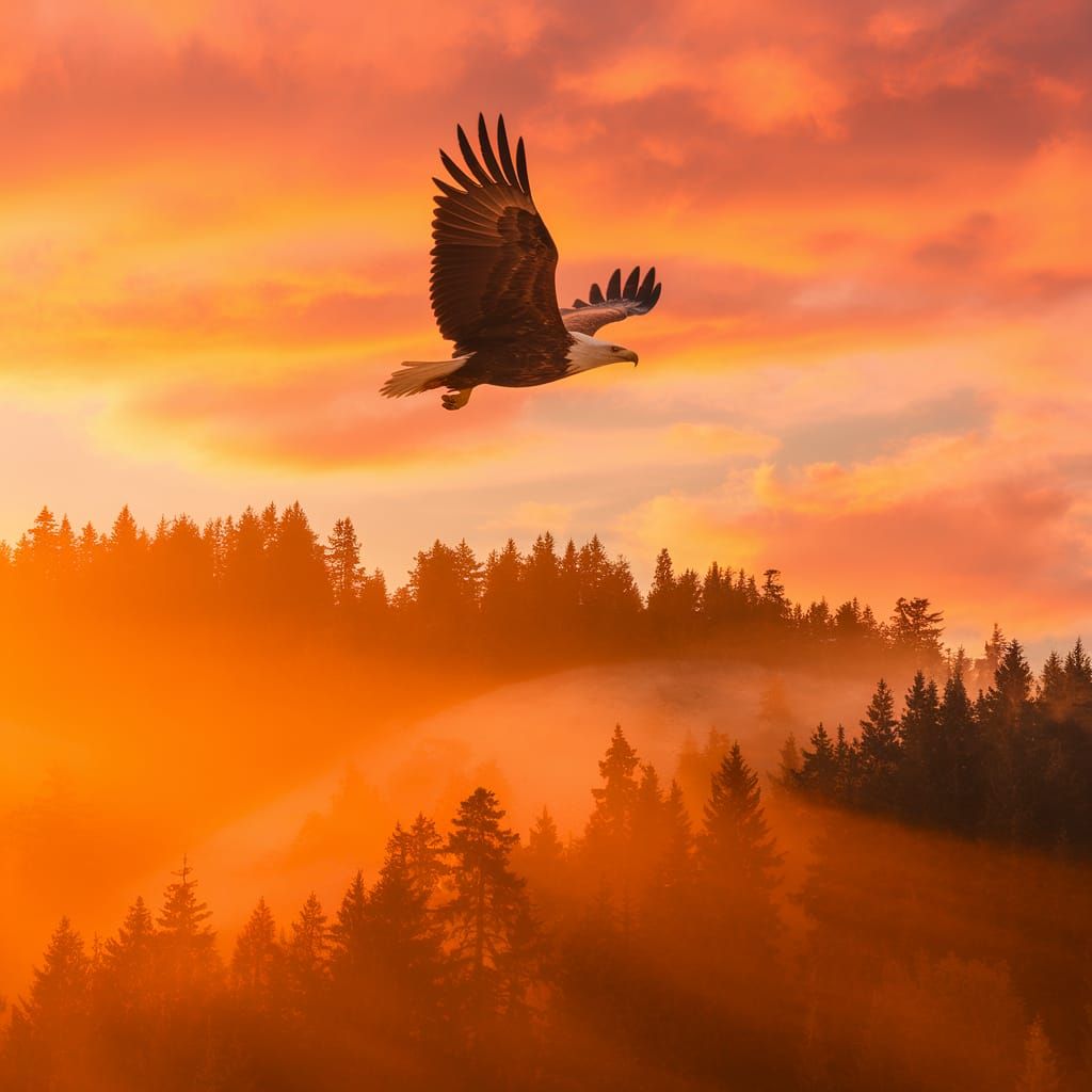 Eagle Soars Against Sunset in a Golden Hour Glow