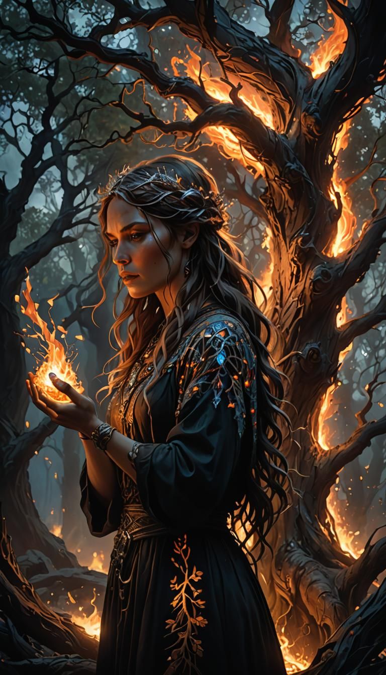 Tree Woman Extinguishes Crystal Fire in Dark Fantasy Art