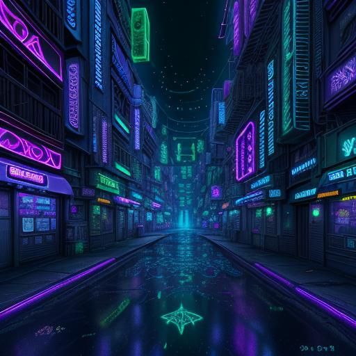 Dark Fantasy City Hologram in Vaporwave Style