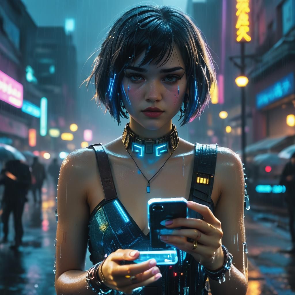 Flapper Girl with iPhone in Cyberpunk Cityscape