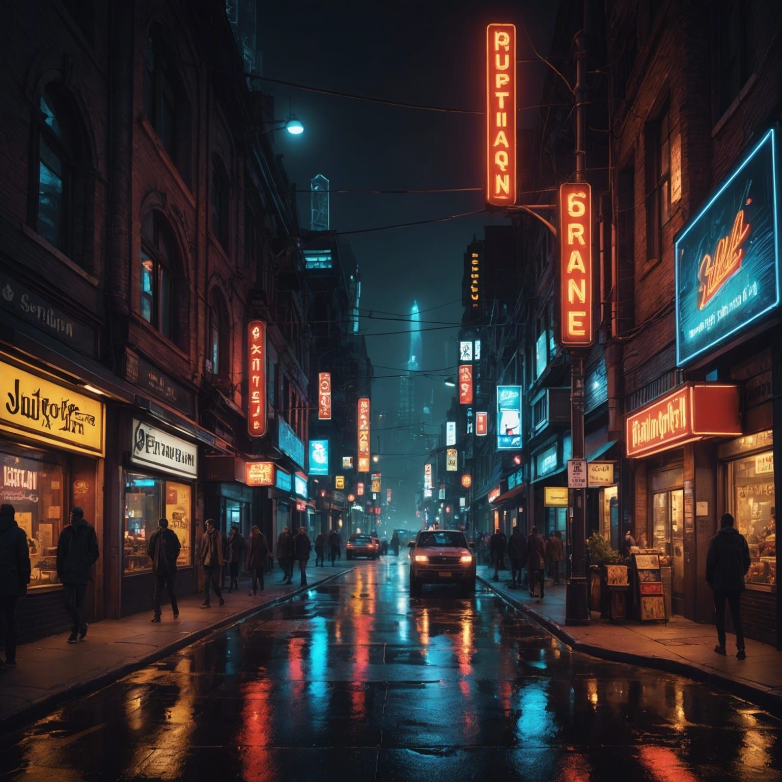 bustling urban street scene at night, highlighted by the urb...