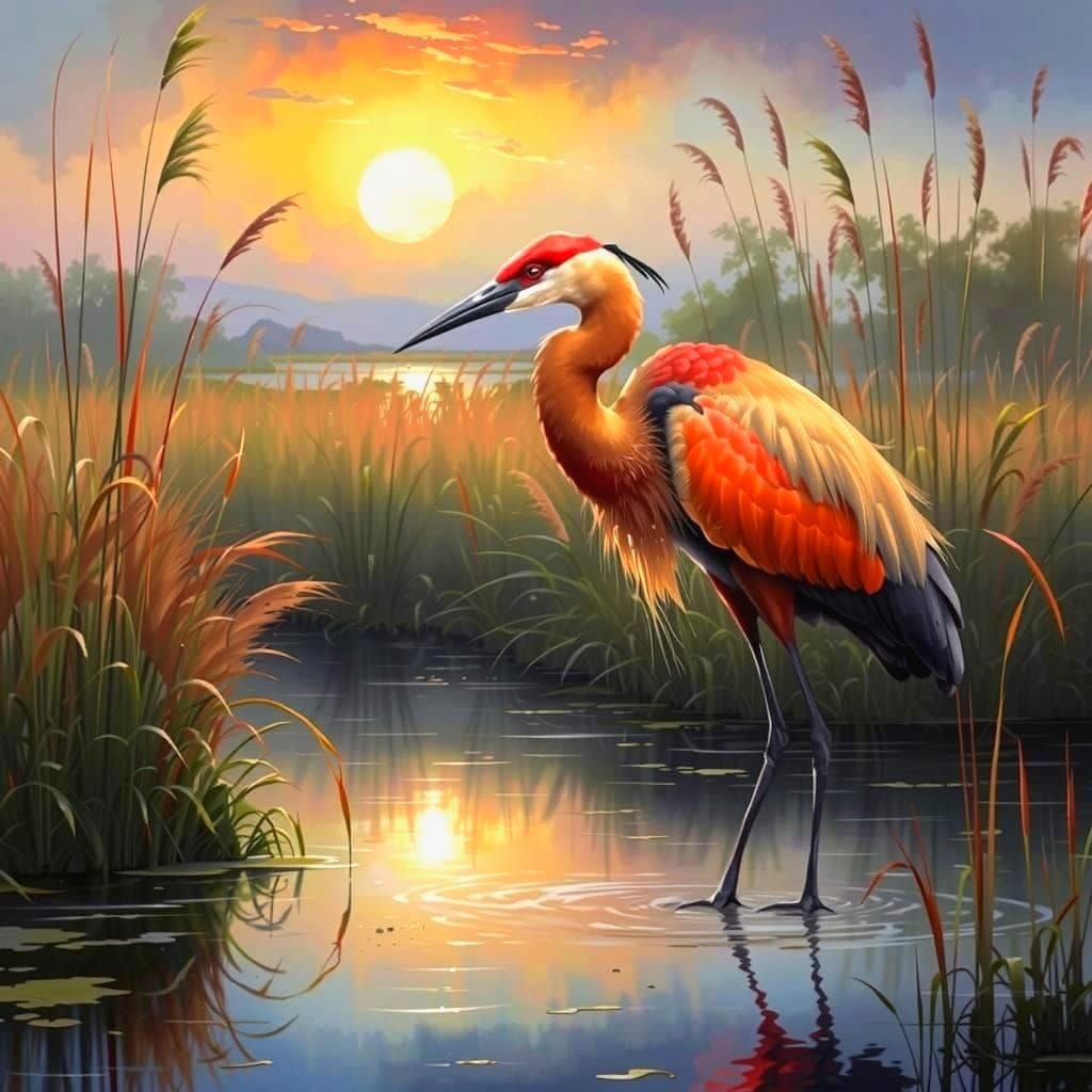 Majestic Red-Headed Bird in Sunset Marshland