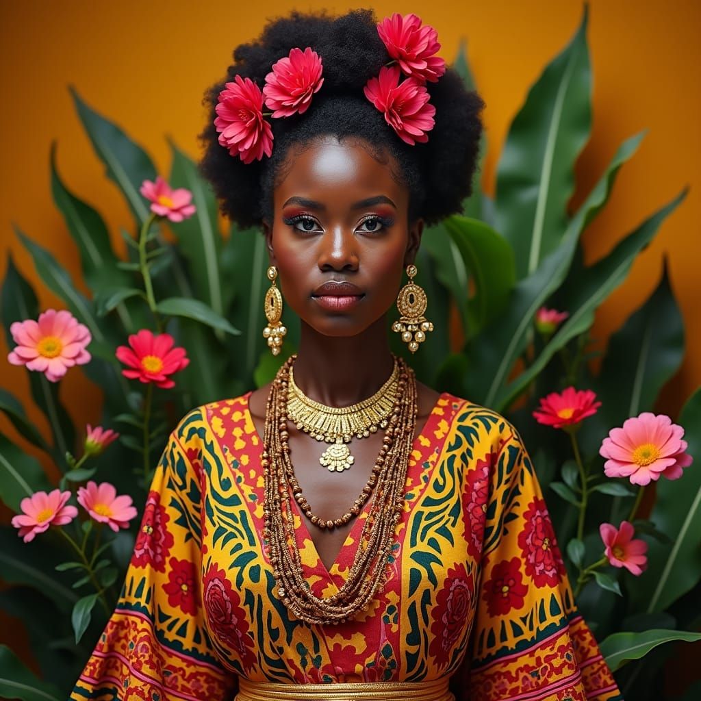 Elegant African Woman in Traditional Dress with Floral Backd...