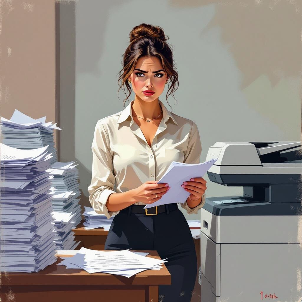 Woman at Photocopier in Rockwell-esque Style