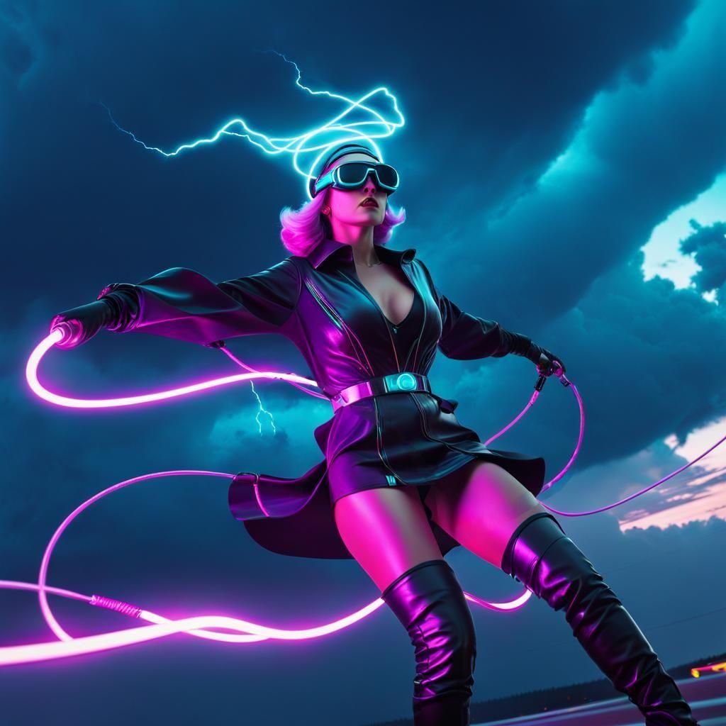 Vaporwave Witch Rides Aux Cable in Retrowave Style