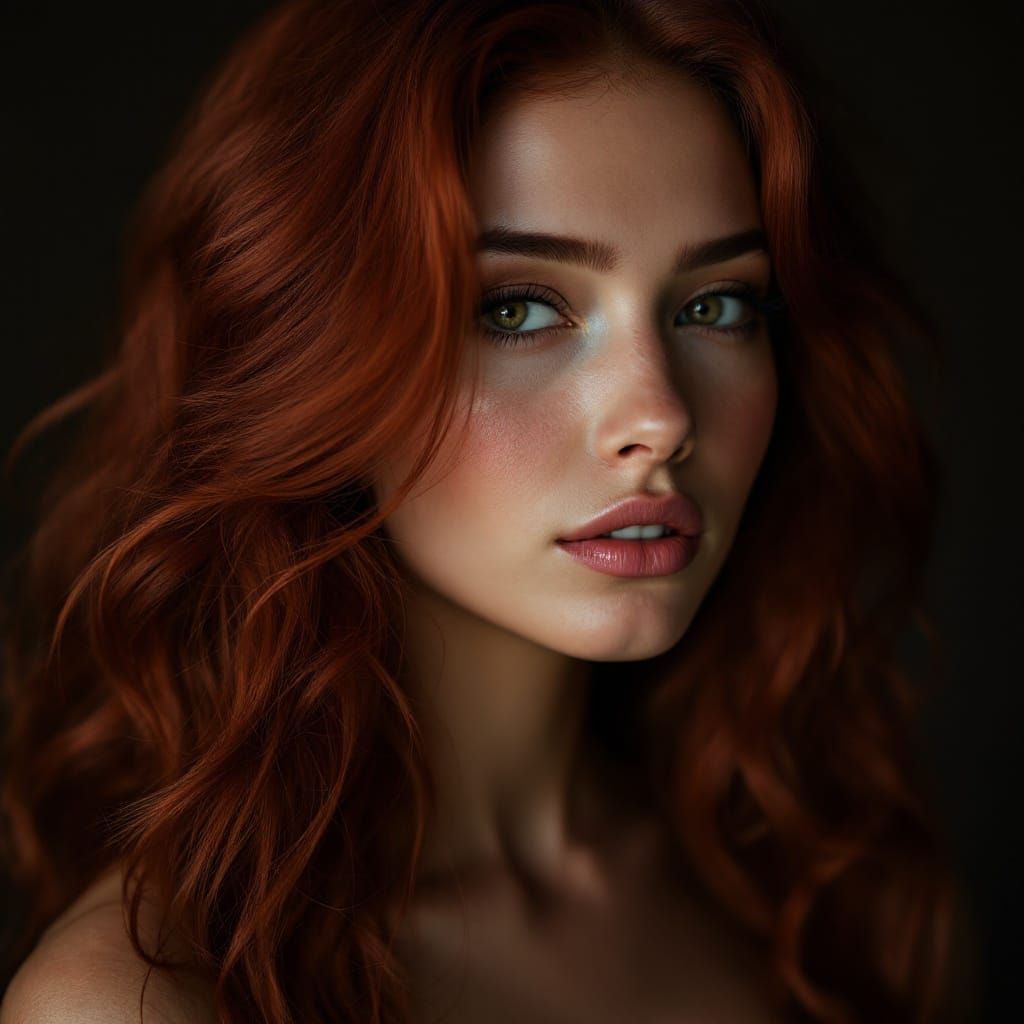 Vivid Dark Red Hair Portrait in Hyper-Realistic Style