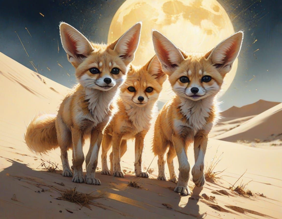Fennec Cubs Frolic in Moonlit Desert, Watercolour Style