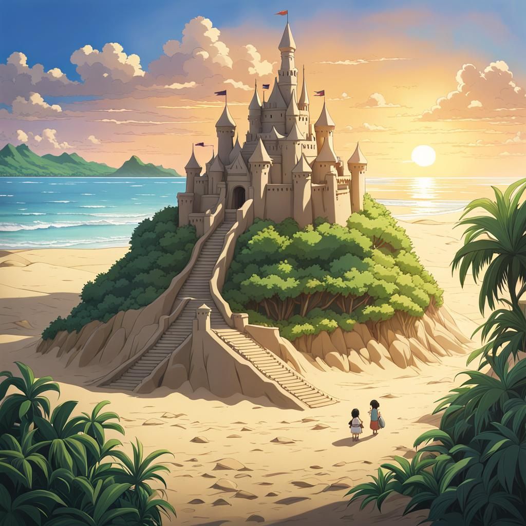Tropical Beach Sandcastle in Studio Ghibli Anime Style