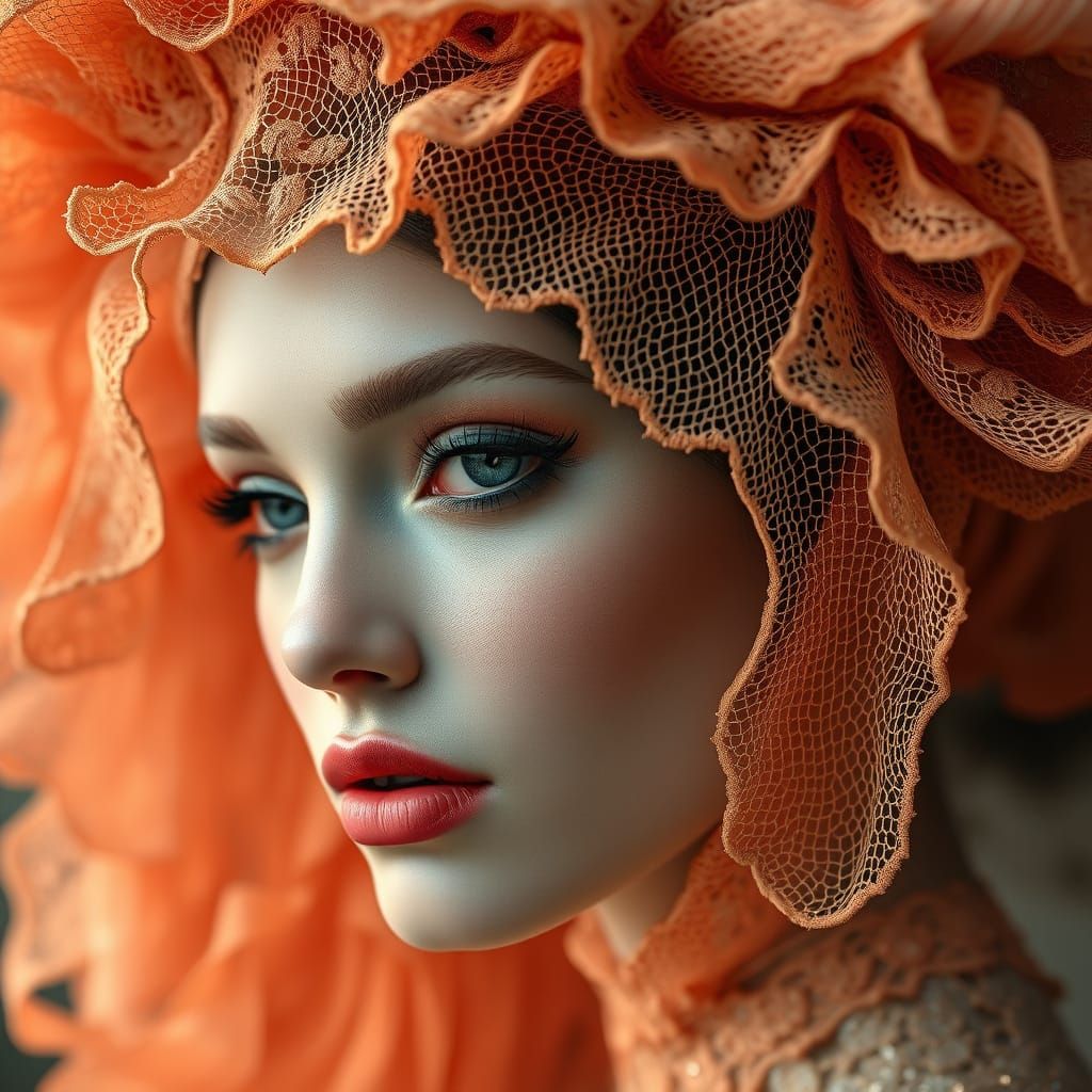Surreal Fashion Portrait of Woman in Oya-Lace Headpiece