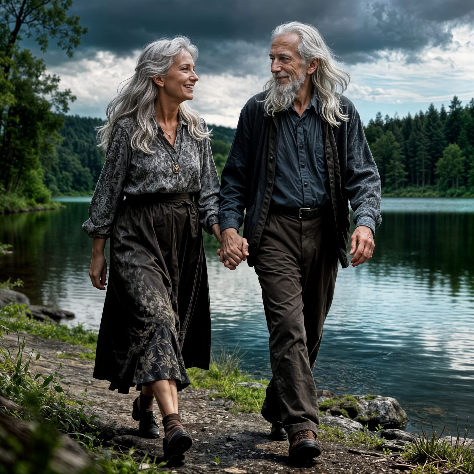 Elderly Couple Holds Hands Walking By Lake In 2055