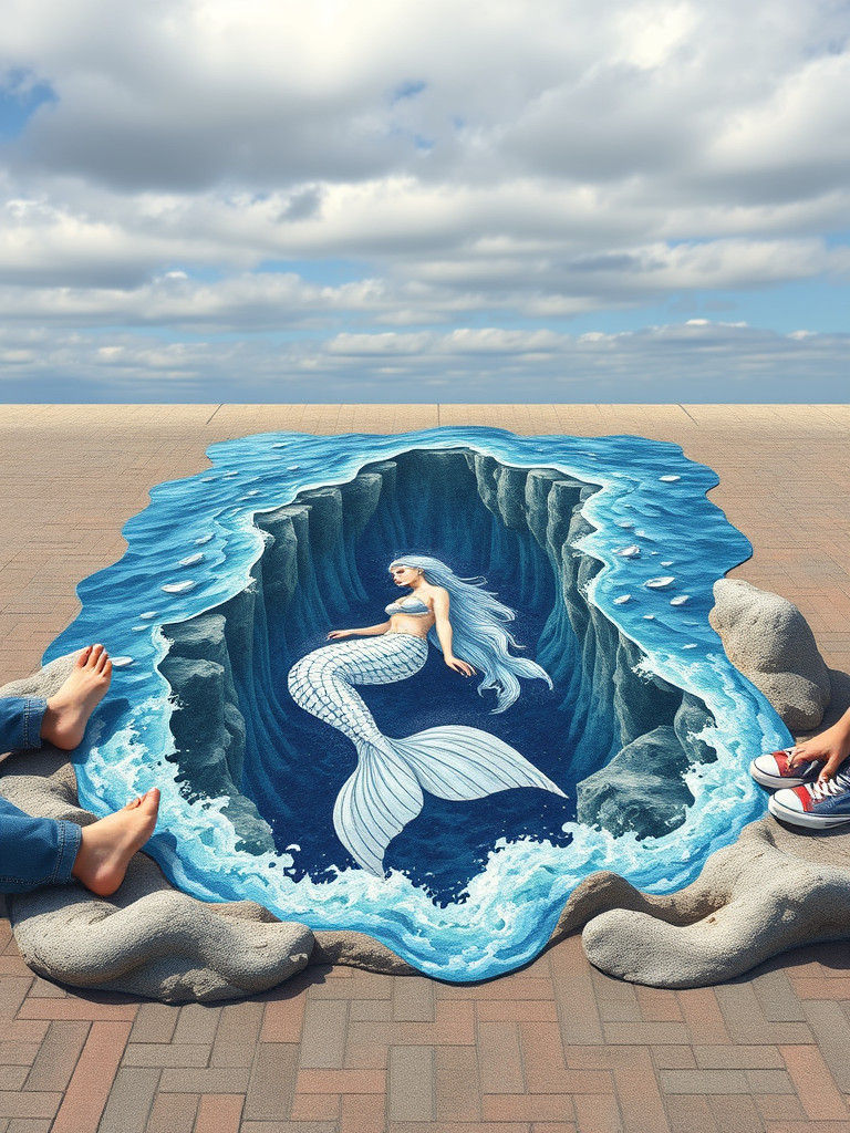 Mermaid Leaping from Ocean: 3D Pavement Art
