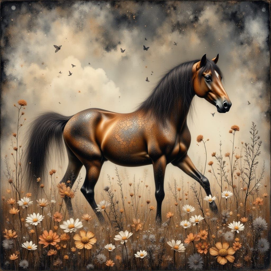 Brown Horse in Misty Haze Watercolor Art