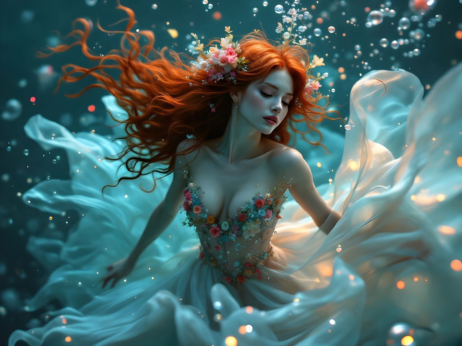 Underwater Fusion Dancer with Glowing Chiffon and Aquatic Fl...