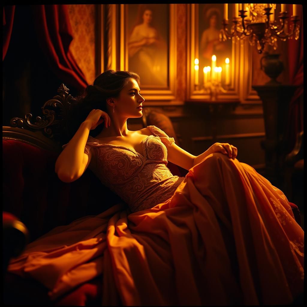 Baroque Woman in Lace Gown Oil Painting